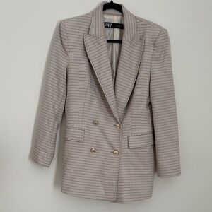 Zara Women's Checkered Blazer in Cream, Brown and blue
